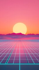 Retro Futuristic Sunset Landscape with Grid