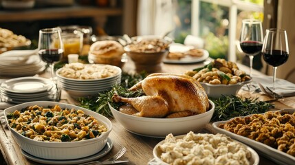 Fototapeta premium Overhead view of Thanksgiving table with turkey centerpiece, homemade dishes, and wine glasses, holiday dinner setup
