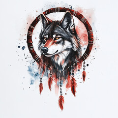 Colorful Watercolor Wolf Portrait with Dreamcatcher Feathers and Tribal Elements in Bohemian Style
