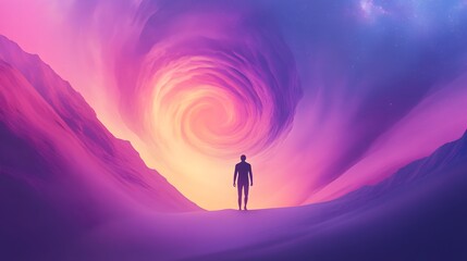 Fototapeta premium Silhouette of Man Facing a Cosmic Vortex in a Surreal Landscape