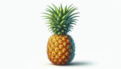 A single, whole pineapple with a spiky golden-yellow body and green leaves, placed on a white background