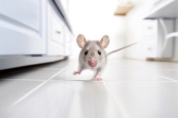 Obraz premium A mouse running across a clean kitchen floor, with motion blur capturing its swift movement isolated on white background