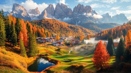 Fototapeta premium Gorgeous view of the countryside in fall on the outskirts of Cortina d'Ampezzo. Gorgeous view of the Dolomite Alps in Italy in the morning. 