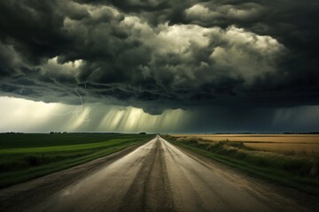 Fototapeta premium A narrow country road cutting through a vast open field, leading directly towards a powerful storm with dark swirling clouds