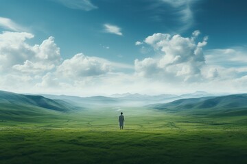 A person standing alone in the center of a vast, open field with rolling hills in the distance, creating a feeling of isolation and freedom
