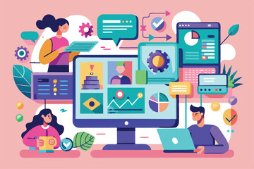 Fototapeta premium Creative professionals collaborate around digital displays and devices, illustrating teamwork and innovation, Customizable flat illustrations created through prototyping process.