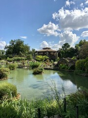 Japanese garden with a pond in the city park