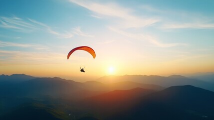 Sunset Paragliding Adventure Above Mountain Landscape
