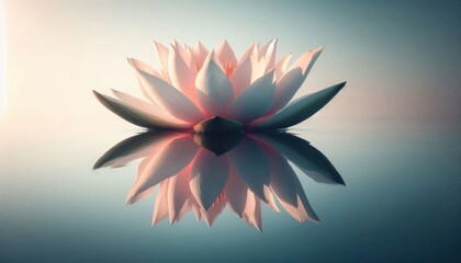 Obraz premium A close-up of a lotus flower floating serenely on still water, with its reflection perfectly mirrored in the water.