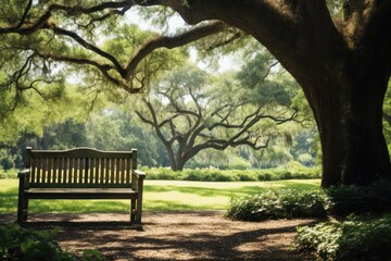 A rustic wooden bench with a weathered finish, set against a lush green park backdrop, inviting relaxation