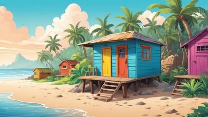Obraz premium Colorful Beach Shack Cartoon Background Design