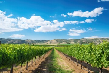 Naklejka premium A scenic vineyard landscape featuring rows of Muscat grape vines stretching into the distance, with a blue sky and soft clouds overhead