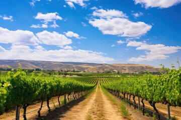 Naklejka premium A scenic vineyard landscape featuring rows of Muscat grape vines stretching into the distance, with a blue sky and soft clouds overhead