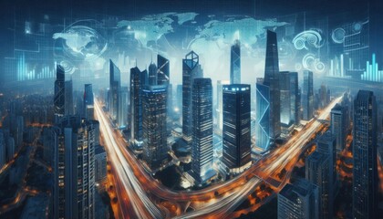 Fototapeta premium city skyline top view with a network background