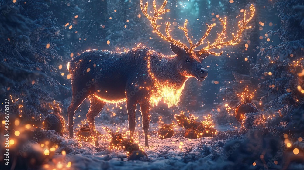 Poster a magical deer illuminated with glowing lights amidst a snowy forest, creating a serene and enchanti