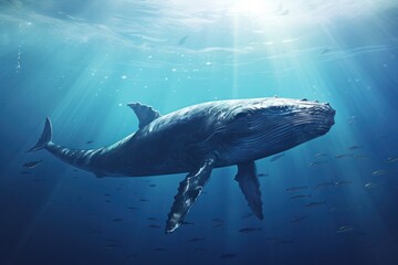 Fototapeta premium A solitary whale swimming gracefully in the open ocean, its massive body partially submerged with only a portion of its tail visible above the water surface