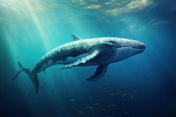 Fototapeta premium A solitary whale swimming gracefully in the open ocean, its massive body partially submerged with only a portion of its tail visible above the water surface