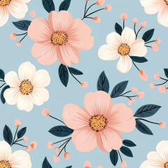 Delicate floral Seamless, pattern featuring soft pink and white flowers on a light blue background, perfect for spring designs.