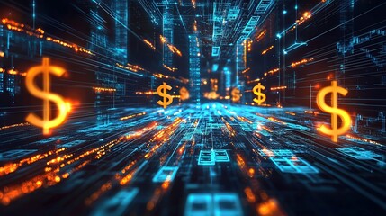Obraz premium A dynamic digital background featuring glowing dollar signs amidst a network of data streams, symbolizing finance technology and futuristic economic concepts.
