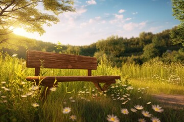 Naklejka premium A sturdy wooden bench with a smooth surface, set in a sunlit meadow with tall grass and wildflowers, creating a peaceful rural atmosphere