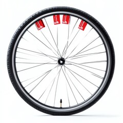 Fototapeta premium A bike wheel spinning with Black Friday sale tags attached, ready to roll into deals, playful and exciting, isolated on white background