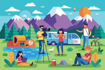 Fototapeta premium A group enjoys various outdoor activities in a vibrant setting near mountains and a serene lake, Customizable flat illustrations for outdoor photoshoots.