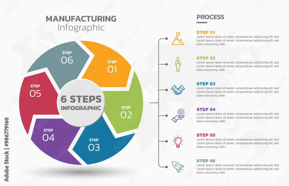 Poster Visual data presentation. Cycle diagram with 6 options. Pie Chart Circle infographic template with 6 steps, options, parts, segments. Business concept. Editable pie chart with sectors. Single layer.
