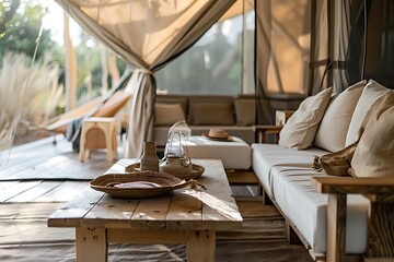 Interior of a rustic tent with white pillows and armchairs