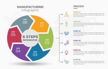 Visual data presentation. Cycle diagram with 6 options. Pie Chart Circle infographic template with 6 steps, options, parts, segments. Business concept. Editable pie chart with sectors. Single layer.