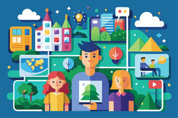 Fototapeta premium Customizable flat illustrations depict people engaged in activities surrounded by landscapes and buildings, Customizable flat illustrations for segmentation.