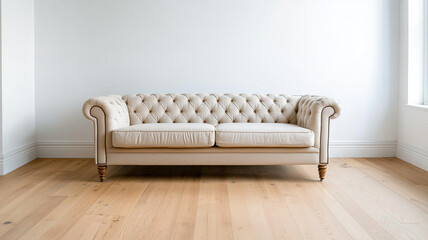 Classic tufted sofa in minimalist room with wooden floors, exuding elegance and comfort. neutral tones create serene atmosphere, perfect for relaxation