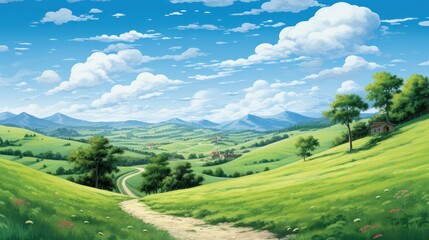 Fototapeta premium A vibrant summer landscape featuring lush green rolling hills under a bright blue sky with a winding path leading into the distance