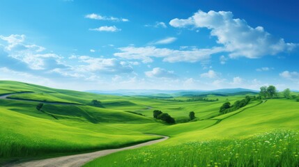 Fototapeta premium A vibrant summer landscape featuring lush green rolling hills under a bright blue sky with a winding path leading into the distance