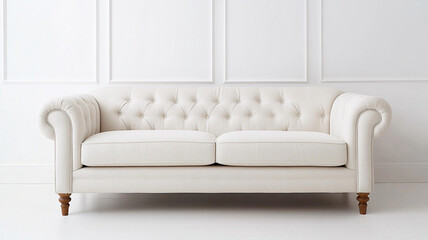 Elegant vintage sofa in clean uncluttered space, featuring tufted design and wooden legs, perfect for stylish living room or lounge area