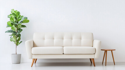 stylish and elegant vintage sofa in clean, uncluttered space, complemented by potted plant and small side table, creating serene atmosphere
