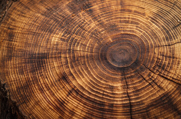 Close-up of tree rings with the wood grain visible and cross sections 