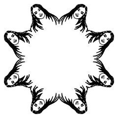 Round frame with female heads. Geometrical border with heads of pretty woman with loose long hair. Hand drawn sketches. Black silhouette on white background.