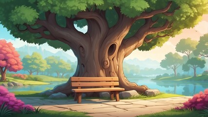Fototapeta premium Cozy Bench Under a Tree Cartoon Background Design