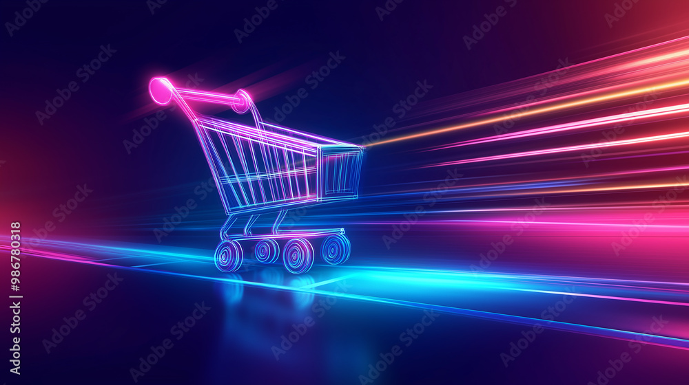 Poster neon shopping cart speeding through digital space with motion blur