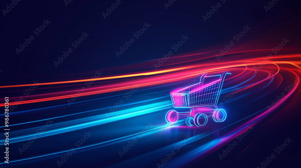 Poster Shopping cart speeding through digital space with light trails