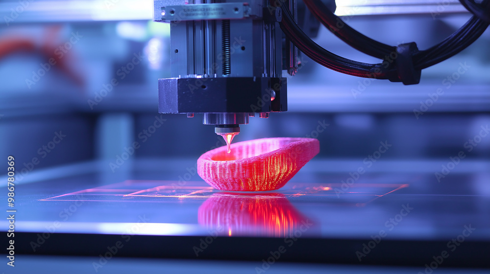 Aufkleber automatic 3d printer printing red plastic object at modern factory