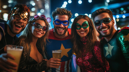 Group of friends wearing superhero costumes drinking beer at a party