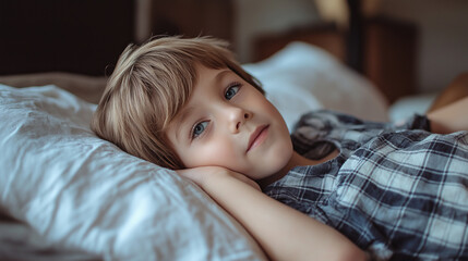 Young boy with blue eyes relaxing in bed looking thoughtful
