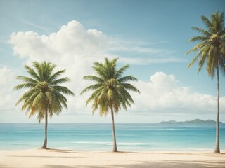 Coconut trees with beach sand on blue background.
