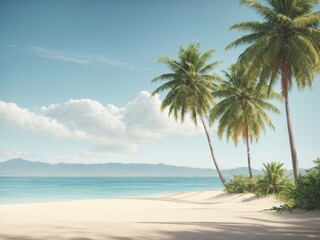 Coconut trees with beach sand on blue background.