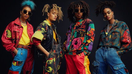Four fashion models posing in colorful clothing and sunglasses