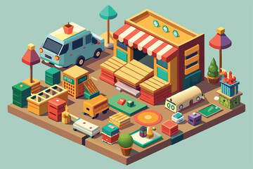 A vibrant isometric depiction of a flea market featuring diverse stalls, colorful vehicles, and playful vendors, Customizable flea market illustration in isometric style.