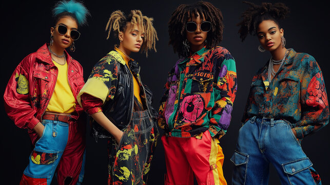 Four fashion models posing in colorful clothing and sunglasses