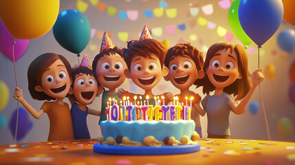 Obraz premium Group of happy children celebrating a birthday party holding balloons and smiling
