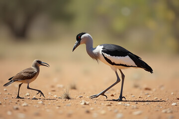 Obraz premium Two birds interacting in a dry environment, showcasing unique species and behavior in nature